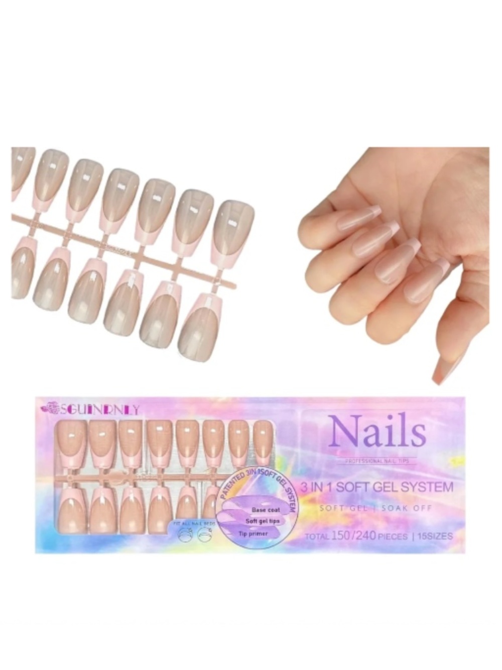 Glossy Nude and Pink French Tip Long Coffin Press-On Nails